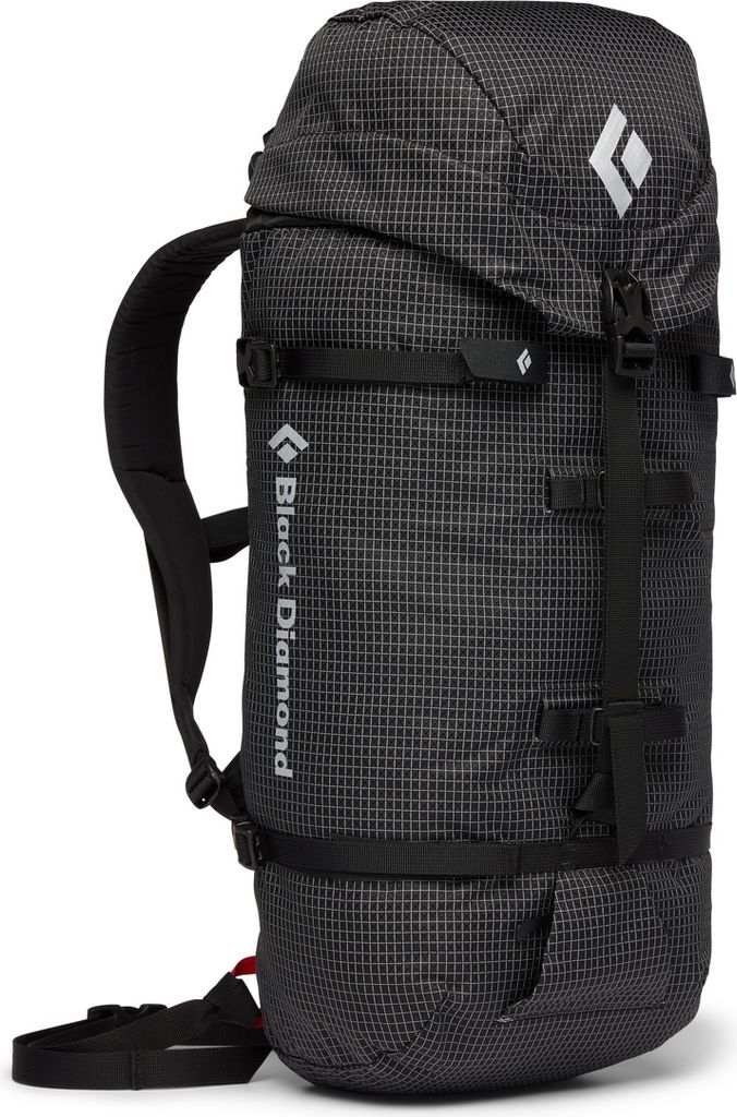 Schwarzer Kletterrucksack "Speed 22 Backpack" von Black Diamond mit verstellbaren Riemen und gepolstertem Deckel.