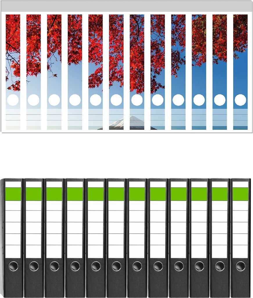 Wallario 12 Stück schmale Ordner inkl. Klebeetiketten mit Motive Vulkanpanorama im Herbst - Set mit Rückenschildern / Ordnerrücken Stickern