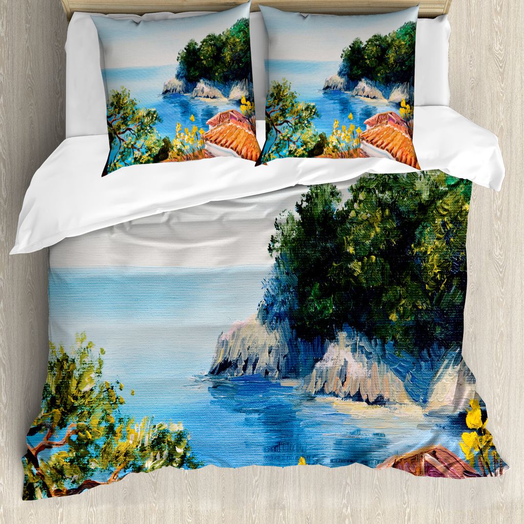 ABAKUHAUS Romantisch Bettbezug, Mittelmeer-Landschaft, Milbensicher Allergiker geeignet mit Kissenbezügen, 200 cm x 200 cm - 80 x 80 cm, Blau, Gr...