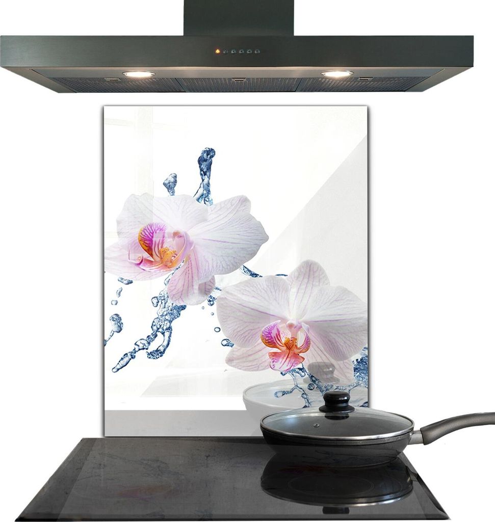 Spritzschutz aus Glas Küchenrückwand - Wandschutz für Herd und Spüle - 60x80 cm - Wasserbetaute Orchidee