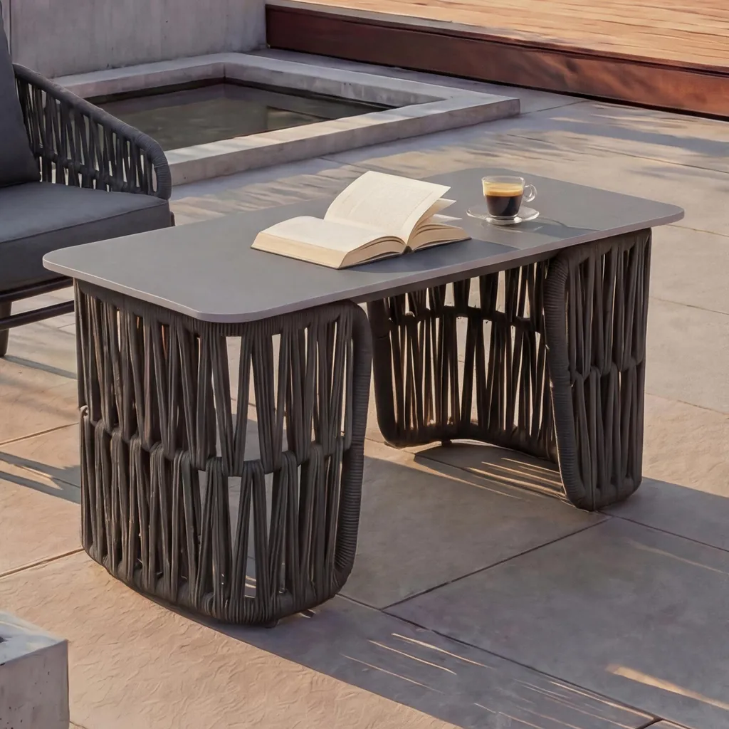 Table basse HWC-P90 en pierre frittée et corde anthracite 43x90x45cm