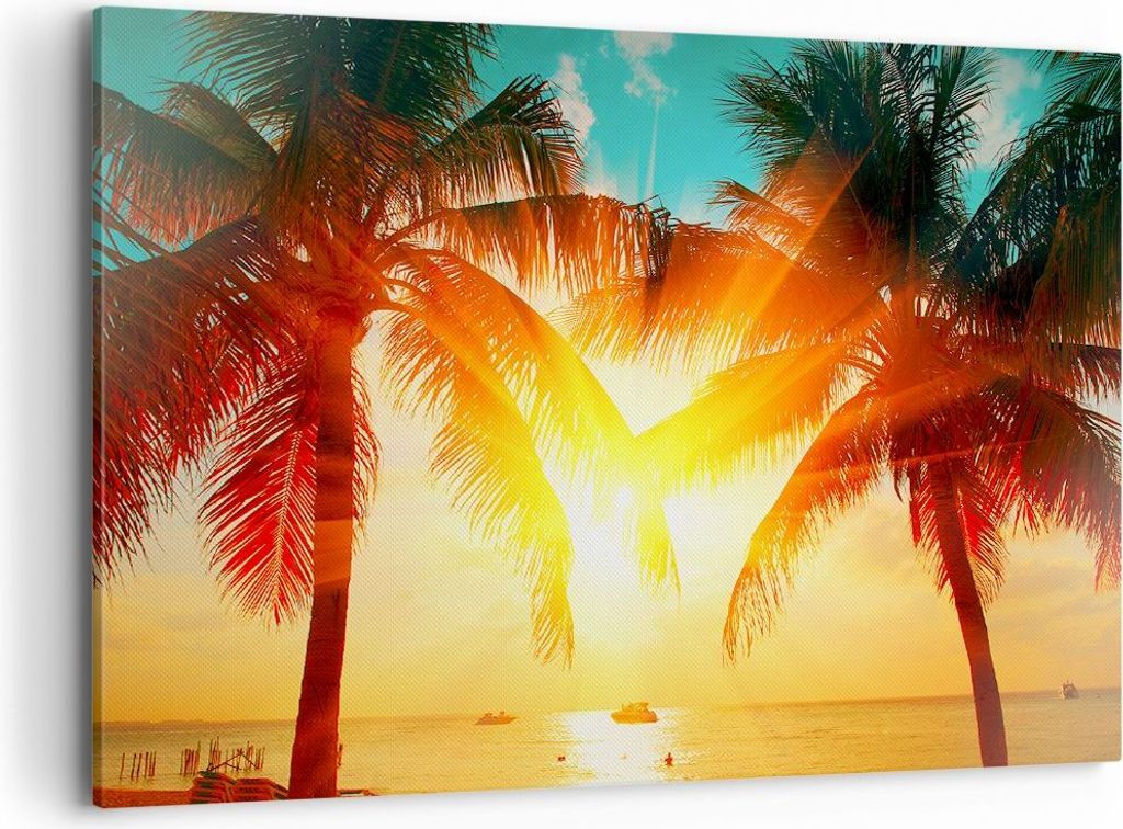 Bild auf Leinwand - Leinwandbild - Meer Palme Wasser - 100x70cm - Wand Bild - Wanddeko - Wandbilder - Leinwanddruck - Bilder - Kunstdruck - Wanddek...