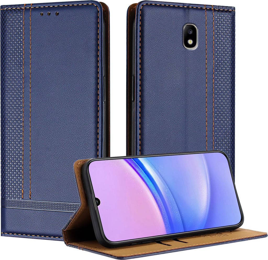 Handyhülle für Samsung Galaxy J7 2017 Leder Flip Klappbare Schutzhülle mit Standfunktion Blau