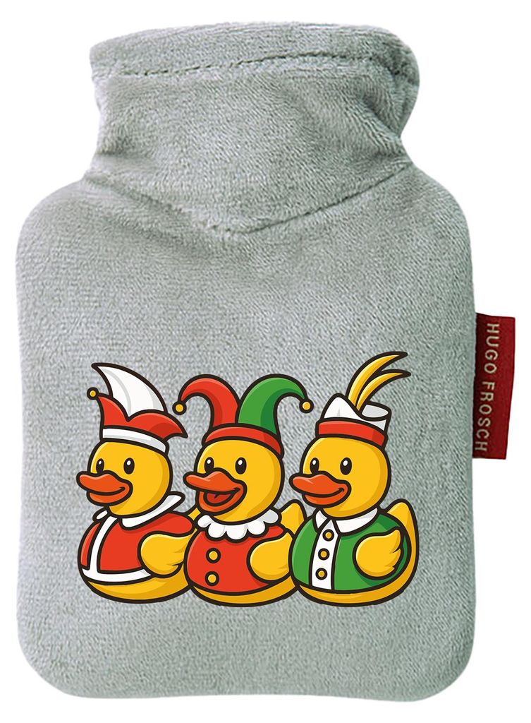 Huuraa Mini-Wärmflasche Quietscheente Dreigestirn Gummiente Karneval 0,2 Liter Grey Mini Veloursbezug Taschenwärmer Geschenkidee