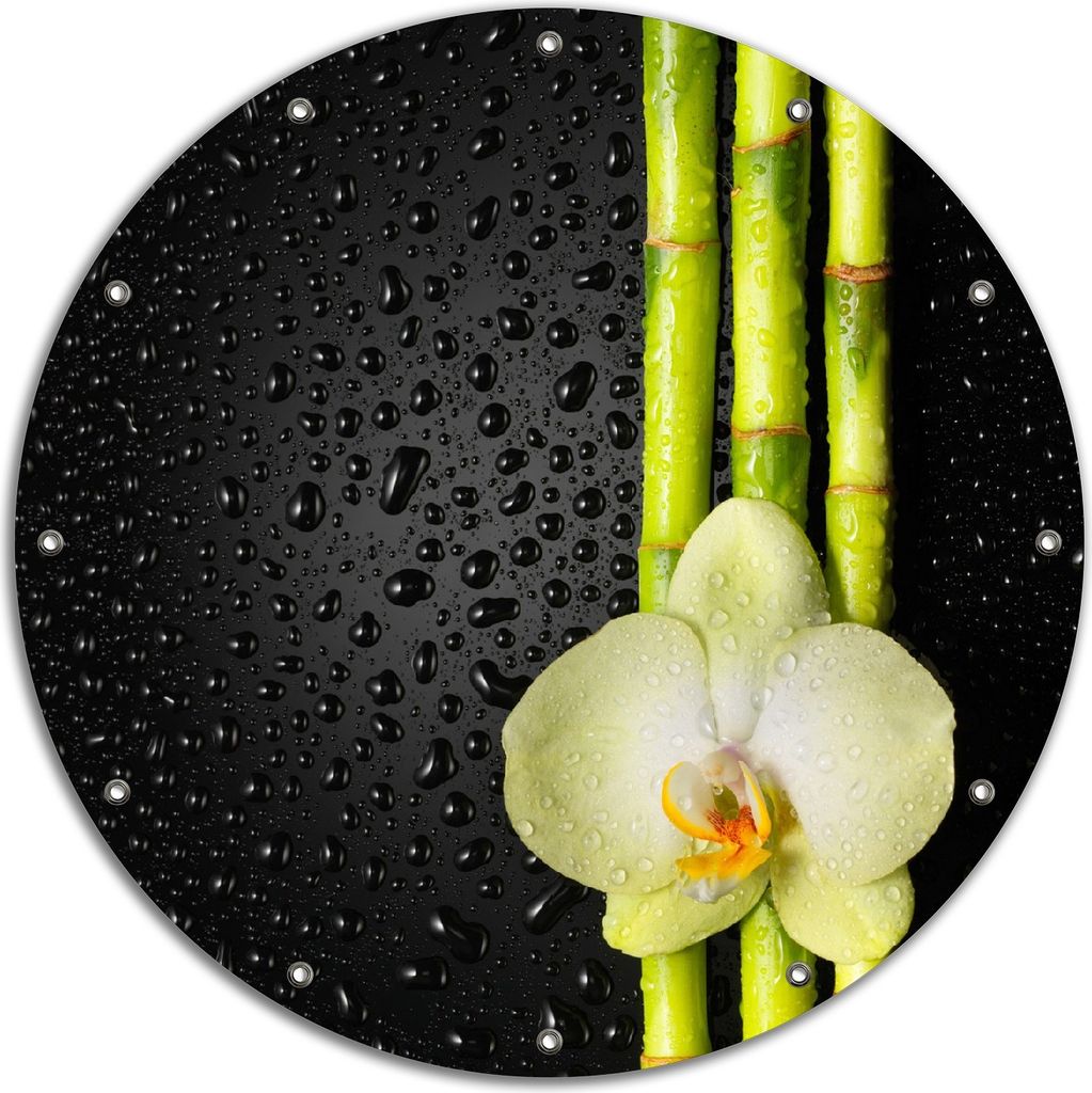 Wallario rundes Outdoor-Poster für Garten oder Balkon, Motiv Grüne Orchidee mit Bambus auf schwarz - Regentropfen, 90 cm Durchmesser