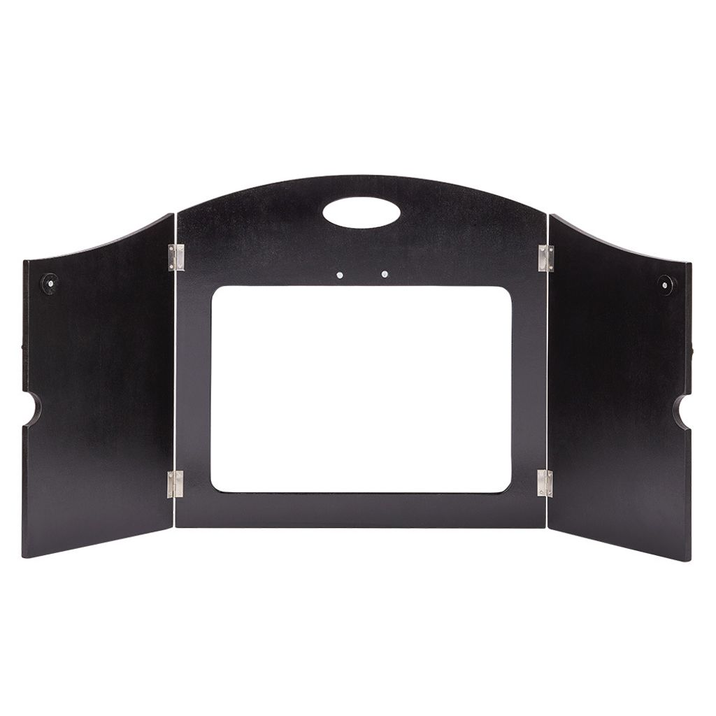 A black wooden frame with a central rectangular opening, designed to be a stage for performances.