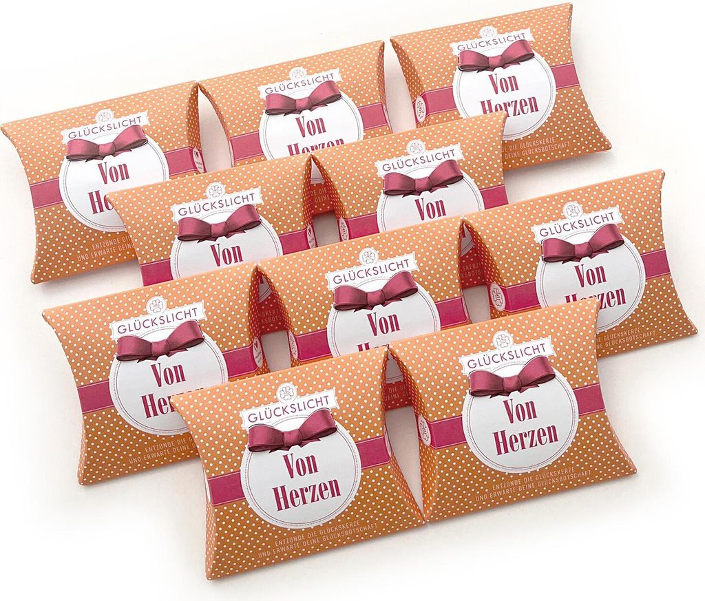 ORIGINAL Glückslicht in der Geschenkbox mit Botschaft | Dots | "Von Herzen" | In fröhlichem orangem Punktedesign | 10er-Set