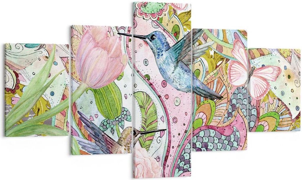 Bild auf Leinwand - Leinwandbild - Vogel Schmetterling Blume - 125x70cm - Wand Bild - Wanddeko - Leinwanddruck - Bilder - Kunstdruck - Wanddekorati...