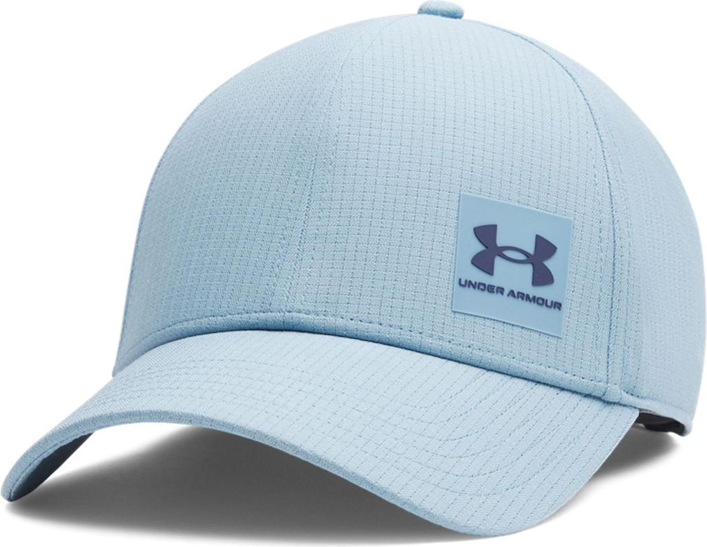 A light blue Under Armour baseball cap is shown against a white background.