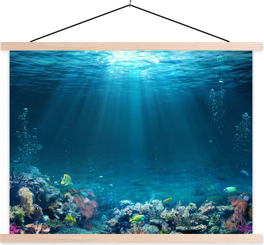 MuchoWow Textilposter Ozean - Fische - Korallen 60x45 cm mit holzfarbenen Rahmen - Bild