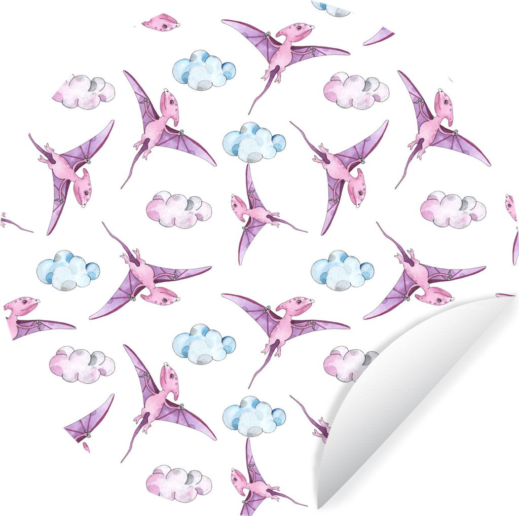 MuchoWow Runde Wandtattoo - Wandsticker Tapete Aufkleber Dinosaurier - Kinderzimmer - Lila - Mädchen - Kinder - Rosa - Kinder Ø 50 cm Selbstkle...