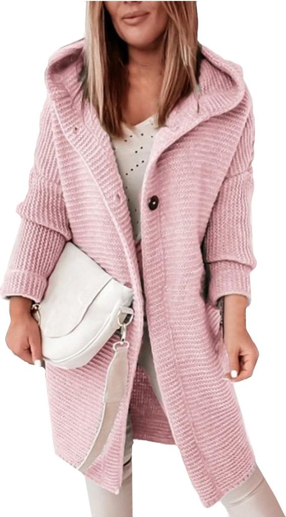 ASKSA Damen Strickjacken Strickmantel Warm Langarm Einfarbig Sweatshirt Grobstrick Hoodie Strickcardigan Mit Kapuze (Rosa,M)