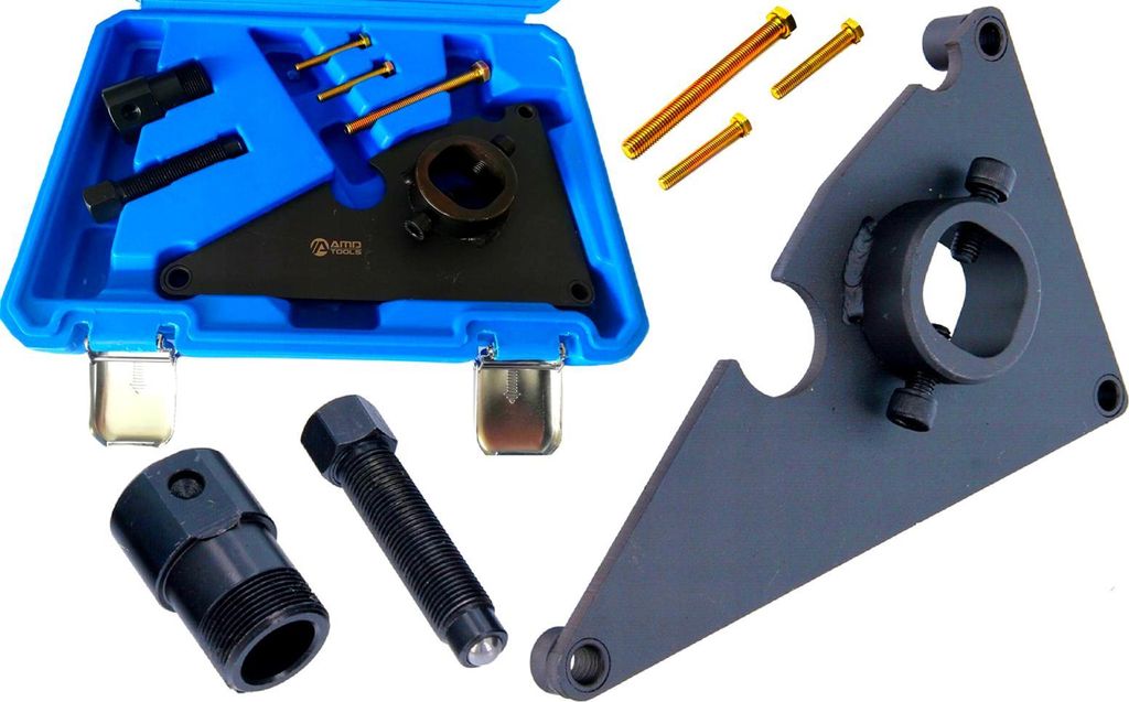 A set of automotive tools laid out on a white background.