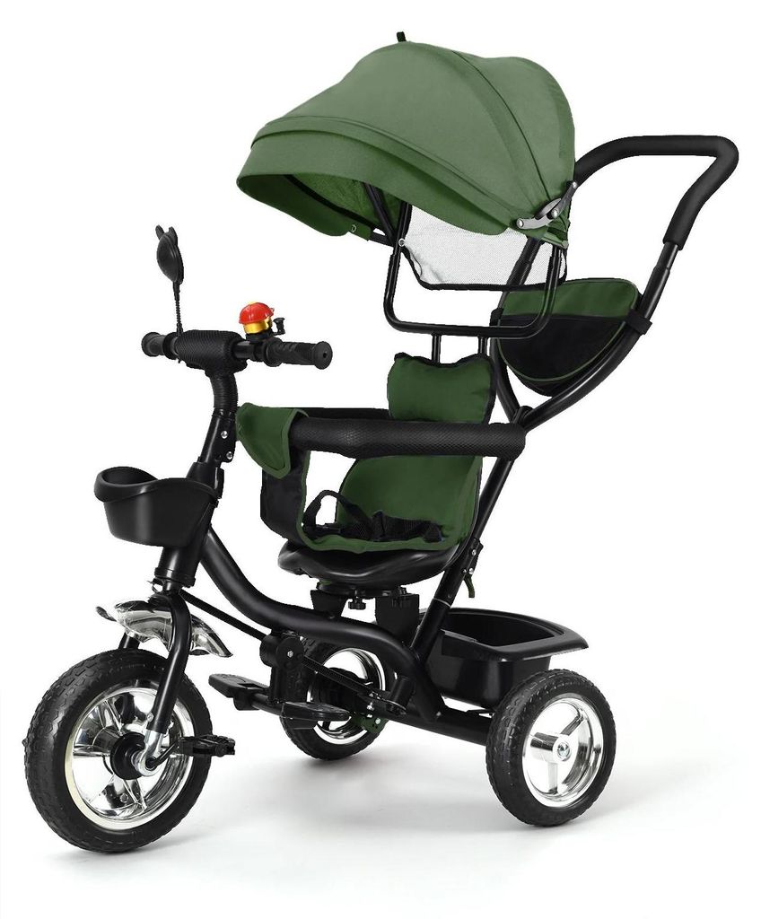 Baby Dreirad - 6-in-1 - Schiebestange - Sicherheitsgurt - Stauraumkorb - Traglast >20 kg - Ab 12 Monaten - Armygrün