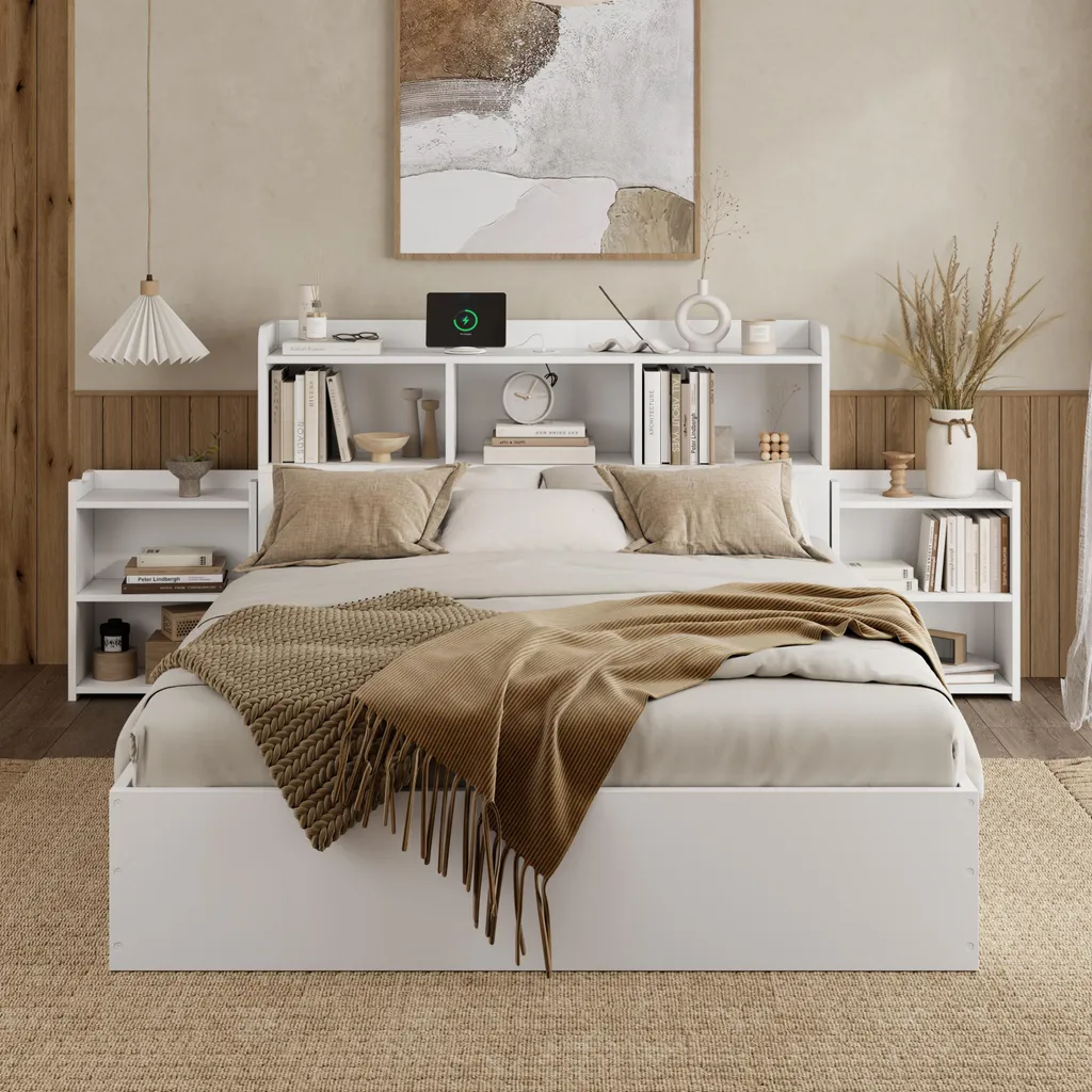 Lit avec rangement 140x200 cm et ports de charge USB blancs - 3