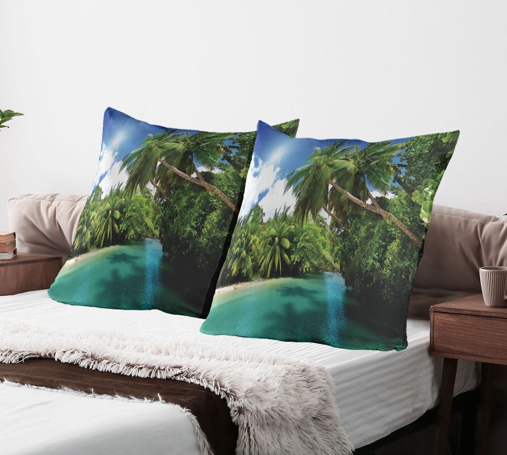 ABAKUHAUS Urwald Kissenbezug Packung mit 2, Mahe Island Seychellen See und Palmen mit klaren Morgen Himmel Forest Vacation, Dekorativer Gedruckter ...