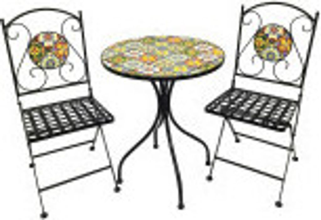 A mosaic bistro set with two chairs and a round table, presented on a white background.