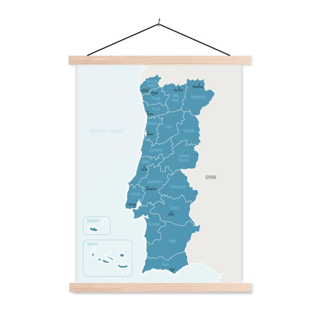 MuchoWow Textilposter Blaue Karte von Portugal mit Provinzen und wichtigen Städten 120x160 cm mit holzfarbenen Rahmen - Plakatkarton