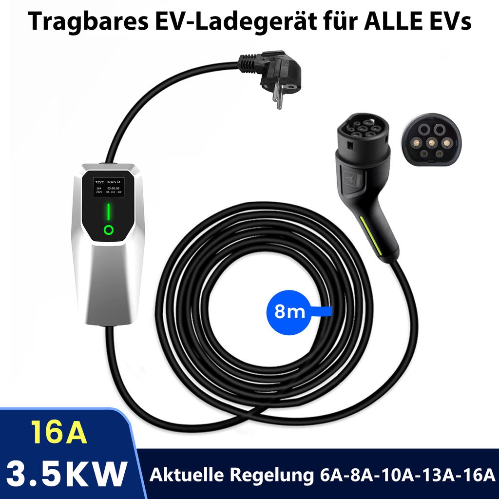 3.5kW 6A/10A/16A Type2 EV 1 Phase Ladegerät Schuko Einstellbarer Strom EV Ladekabel 8m