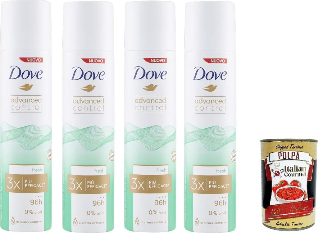Dove Advanced Control Fresh Deodorante Spray 0% Alkohol, 96h Schutz Deodorant 4x 100ml + Italian Gourmet polpa 400g