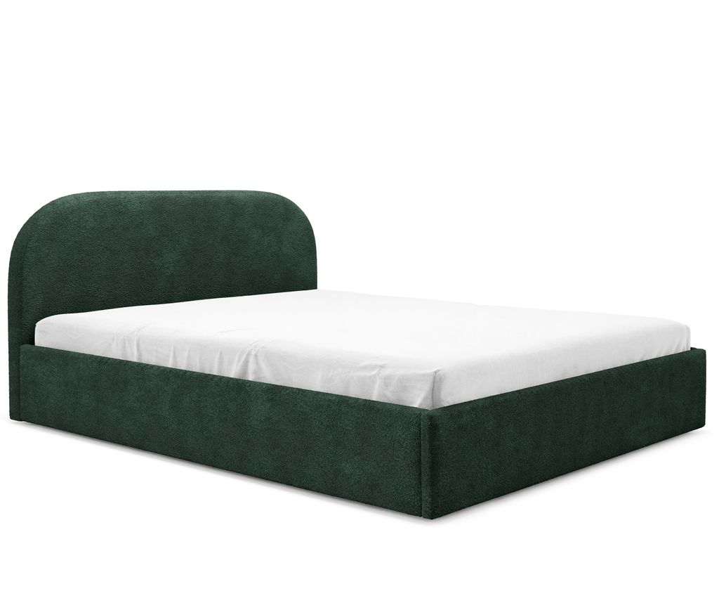 A dark green upholstered bed with a white sheet on a white background.