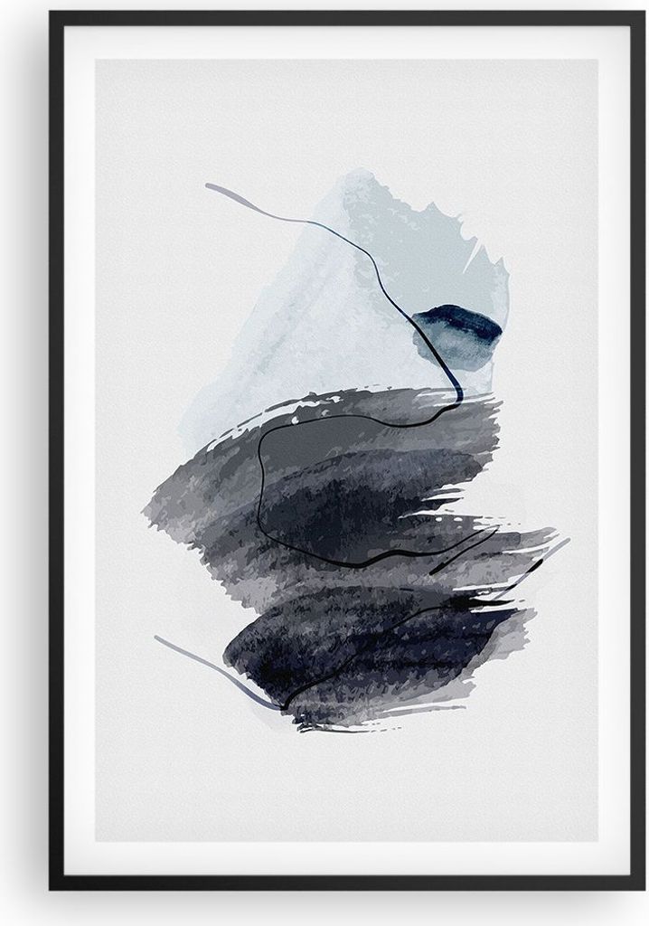 Gerahmtes Poster - Schwarzer Rahmen - Blau Grau Aquarell - 61x91,5 cm - Wand Bild - Wanddeko - Wandbilder - Kunstposter - Wandposter - Bilderrahmen...