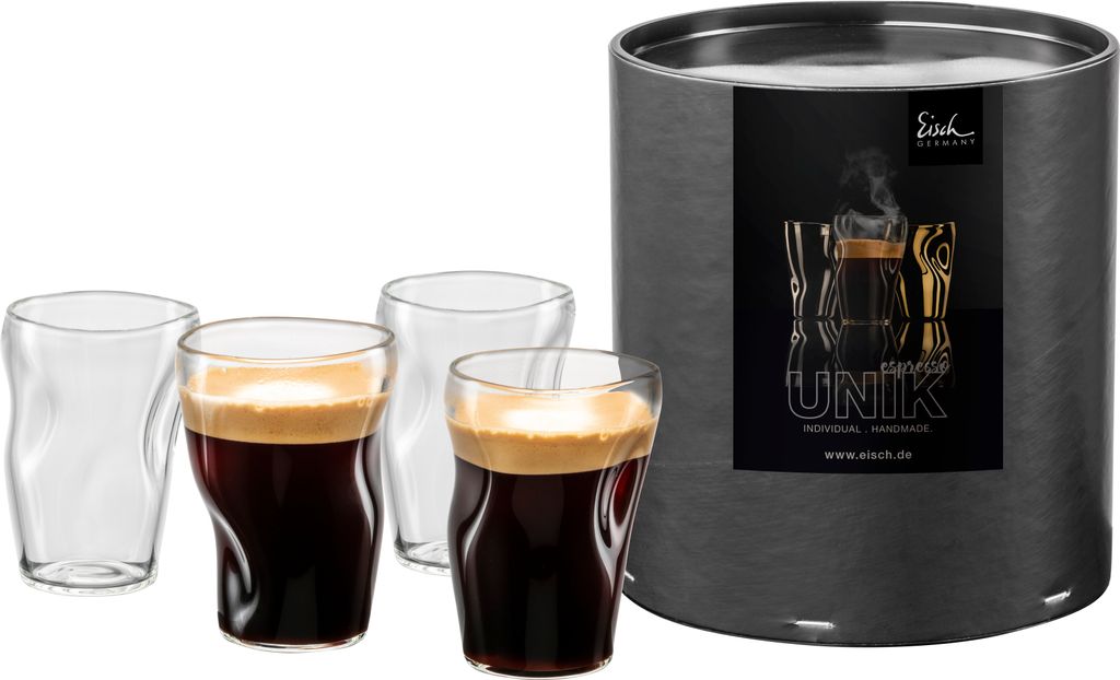 Eisch Vorteilset 2 Stück 4 Espressogläser 132/8 in Geschenkröhre UNIK 30013204 und Geschenk + Spende