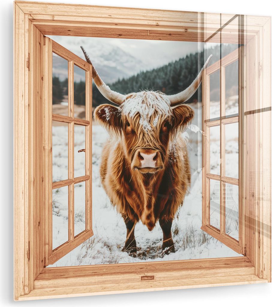 MuchoWow Glasbilder - Bilder auf Wandbild - Foto auf Glas Schottische Hochlandrind - Landschaft - Ländlich - Berge - Winter - Ansichten 40x40 cm W...