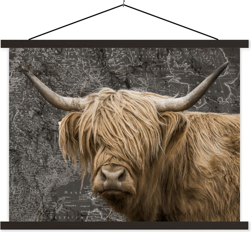 MuchoWow Textilposter Weltkarte - Tiere - Schottisches Hochlandrind 60x45 cm mit schwarzem Rahmen - Poster Schlafzimmer