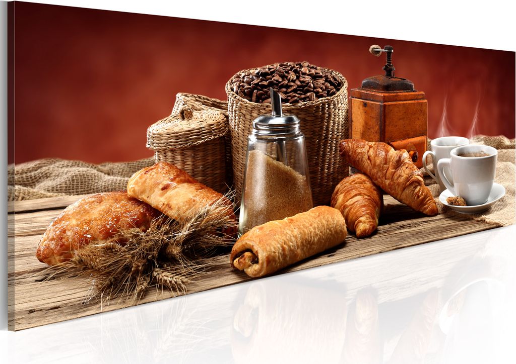 Modernes Wandbild j-A-0059-b-c (135x45) - 1 Teilig Bilder Fotografie auf Leinwand Foto Bild Dekoration Wand Bilder Kunstdruck KAFFEE CROISSANT KÜCHE