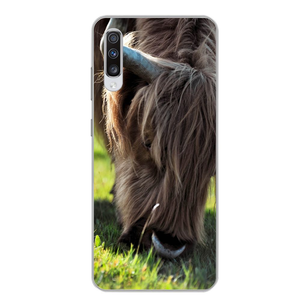 MuchoWow Handyhülle Schutzhülle Hülle für Samsung Galaxy A70 Schottischer Highlander - Hörner - Sonne Silikon Softcase Handy Hülle - Schutz...