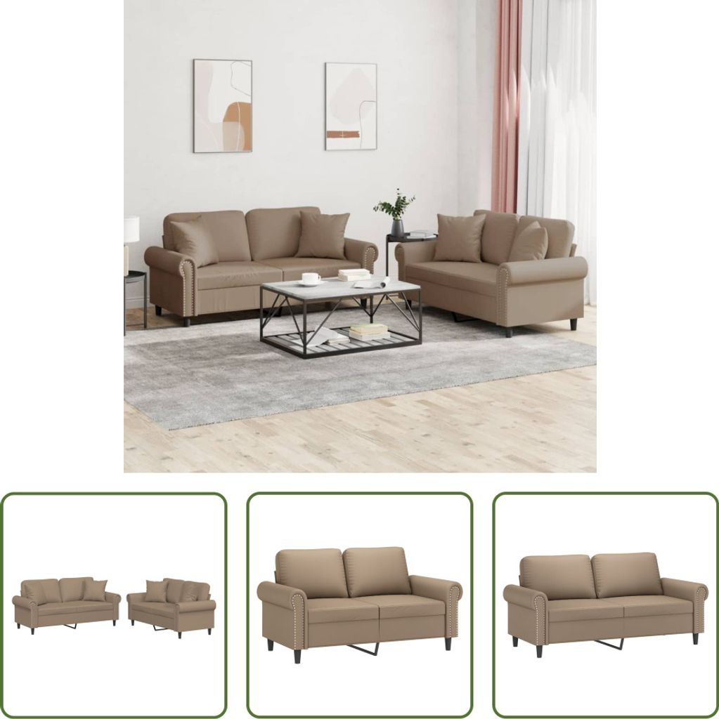 The Living Store 2-tlg. Sofagarnitur mit Kissen Cappuccino-Braun Kunstleder