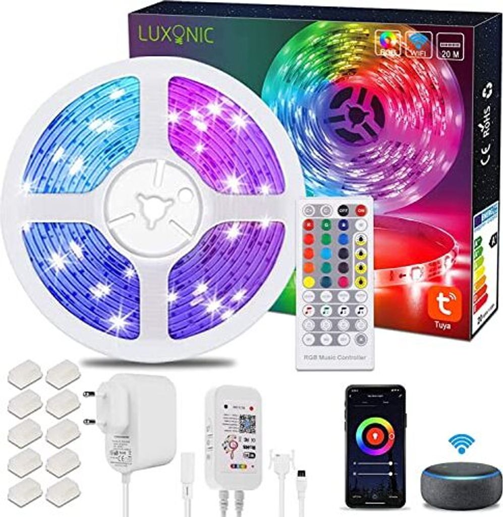 WiFi -LED -Streifen 20 m / 65,6 ft, luxonische Smart RGB Stripes Farbwechsel, App -kontrollierte Musiksynchronisation, Werke Google Assistant, Alexa,
