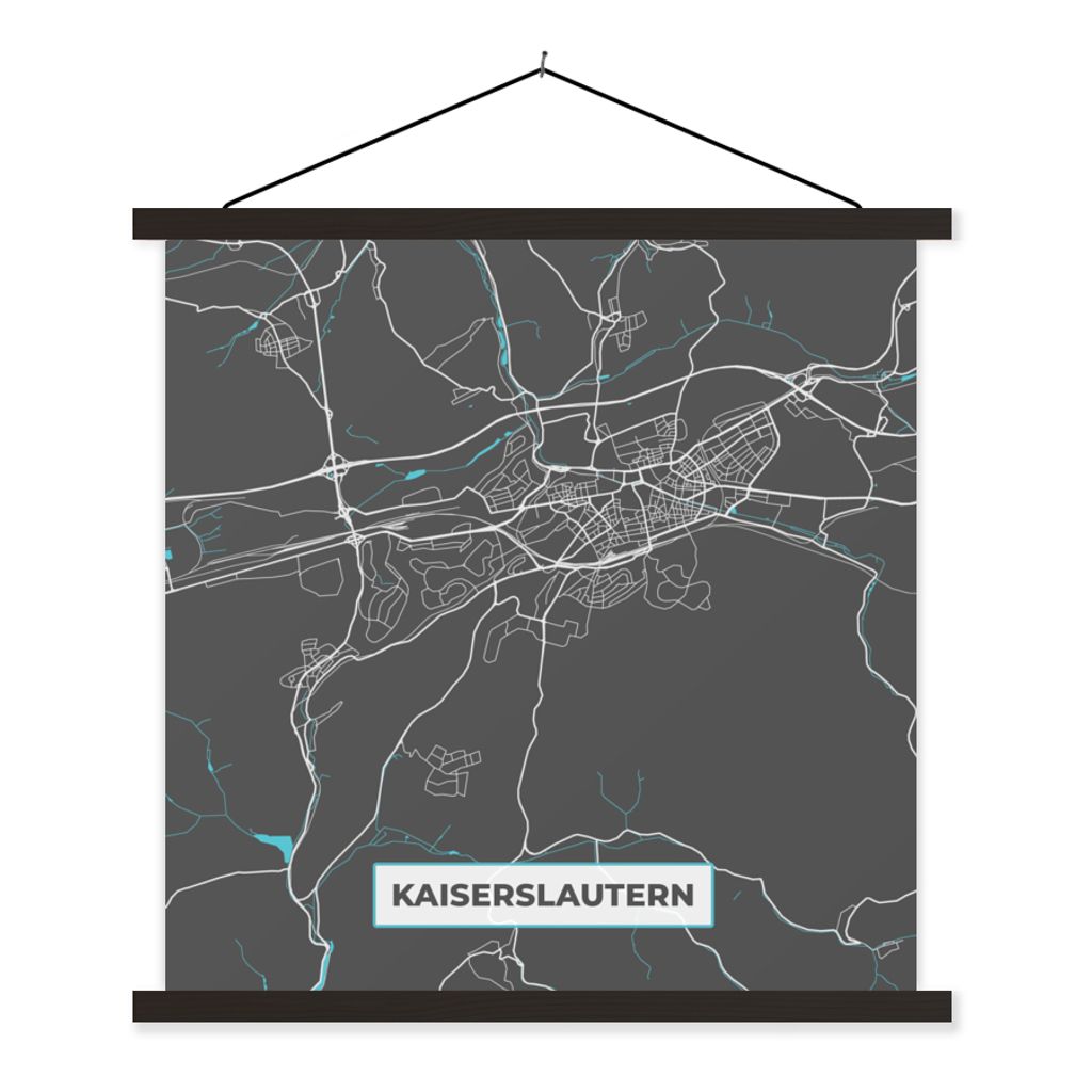 MuchoWow Textilposter Stadtplan - Karte von Deutschland - Blau - Kaiserslautern - Karte 60x60 cm mit schwarzem Rahmen - Posteraufhänger