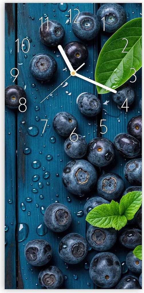 Wanduhr aus Glas mit Motiv Blaubeeren auf Holz- 30 x 60 cm - inkl. Aufhängesystem
