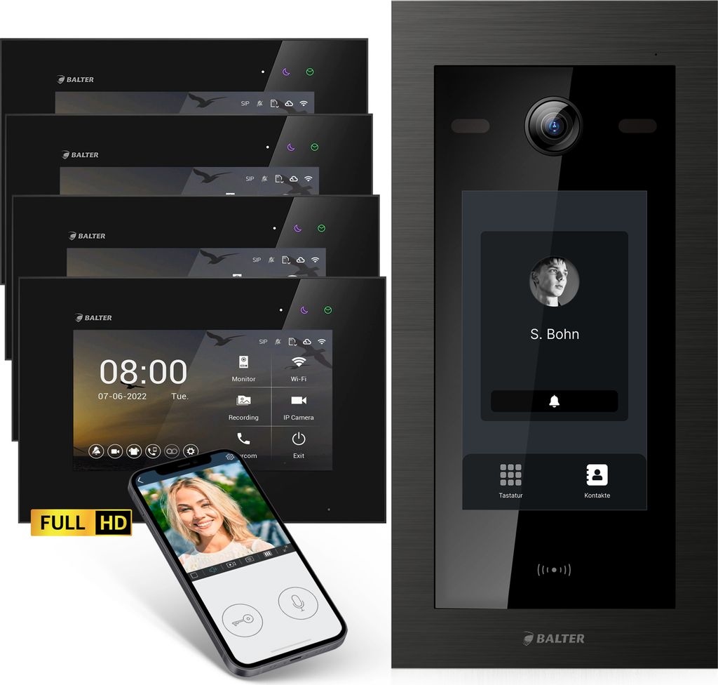 Balter EVO-HD Video Türsprechanlage mit Touchscreen Türstation, Video Türklingel, App, 4 Familienhaus, 4x 7 Zoll Monitor, Full HD, 2 Draht Bus, ...