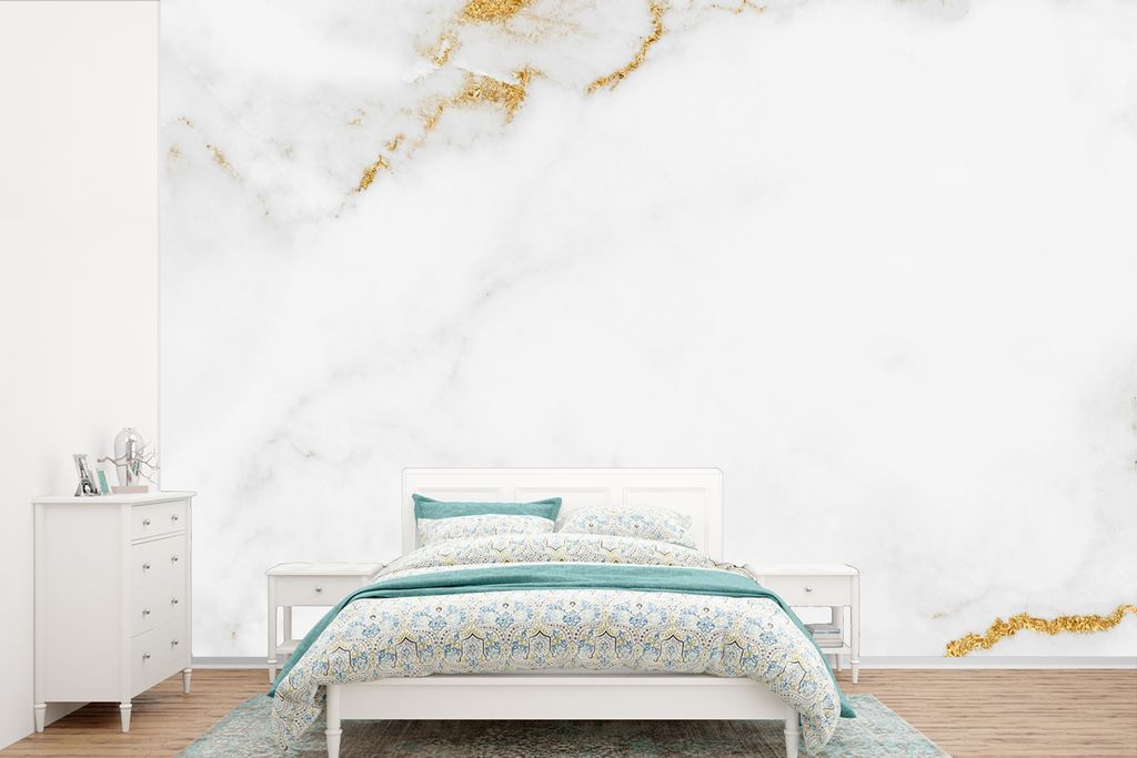 MuchoWow Fototapete für Wohnzimmer oder Schlafzimmer Wandtapete Vinyl Motivtapete Marmor - Gold - Weiß - Luxus - 525x350 cm - Das Hintergrundbild