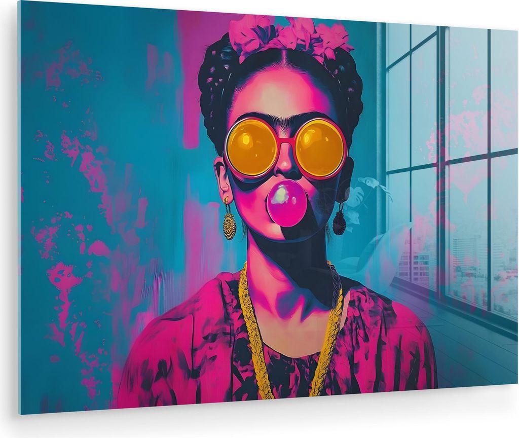 MuchoWow Glasbilder - Bilder auf Wandbild - Foto auf Glas Frau - Kaugummi - Sonnenbrille - Orange 30x20 cm Wanddekoration aus Glas - Acrylglasbild ...