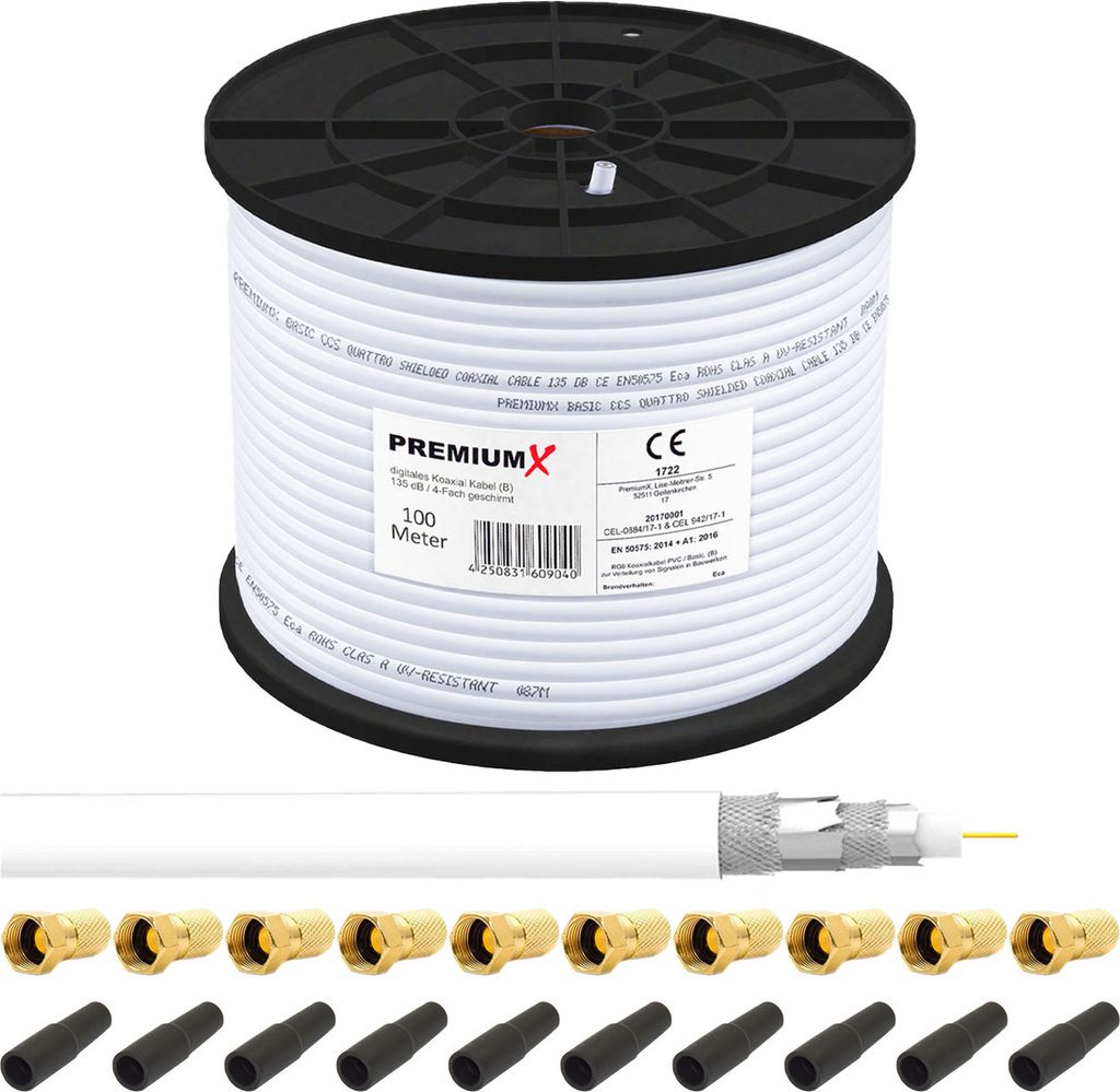 PremiumX 100m BASIC Koaxialkabel 135dB 4-fach SAT Kabel 10x F-Stecker Tülle