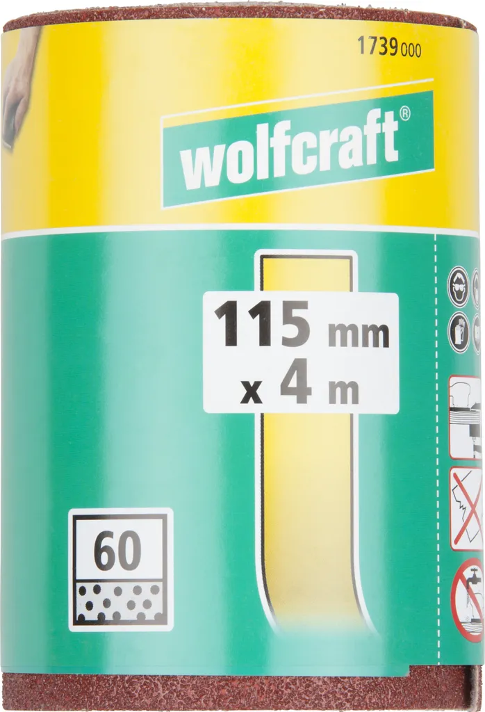 Wolfcraft 1739000 Rotolo di carta vetrata con velcro grana num 60 (L x L) 4 m x 115 mm 4 m