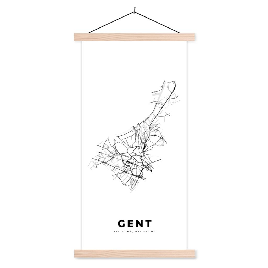 MuchoWow Textilposter Karte - Stadtplan - Gent - Belgien - Schwarz und weiß 60x120 cm mit holzfarbenen Rahmen - Holz