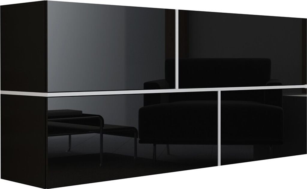 Furniture24 Hängekommode Goya Sideboard 170 cm mit 4 Klappen Wohnzimmerschrank Schwarz/Schwarz Hochglanz/Weiß