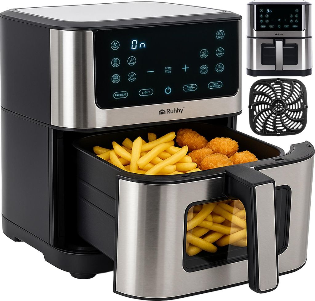 A black and silver air fryer with a basket full of french fries and chicken nuggets, displayed with a smaller image of the air fryer and a black grill accessory in the background.