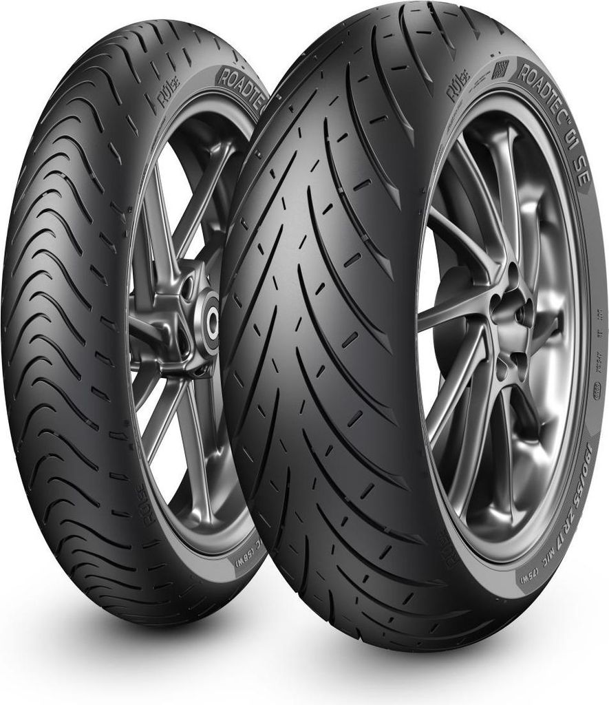 Two motorcycle tires are displayed on a white background.