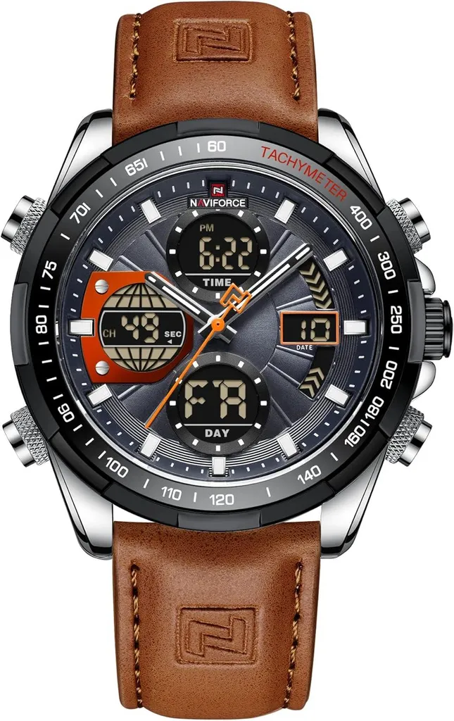 Orologio analogico digitale da uomo al quarzo con cinturino in pelle - stile militare, impermeabile, multifunzione, LED, data e cronografo - sportivo ed elegante