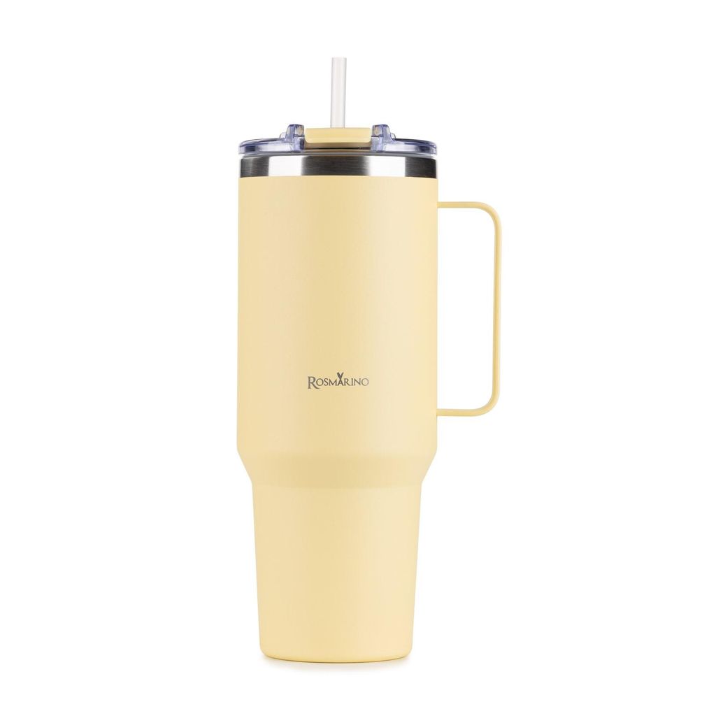 A yellow insulated tumbler with a handle and straw, presented against a white background.