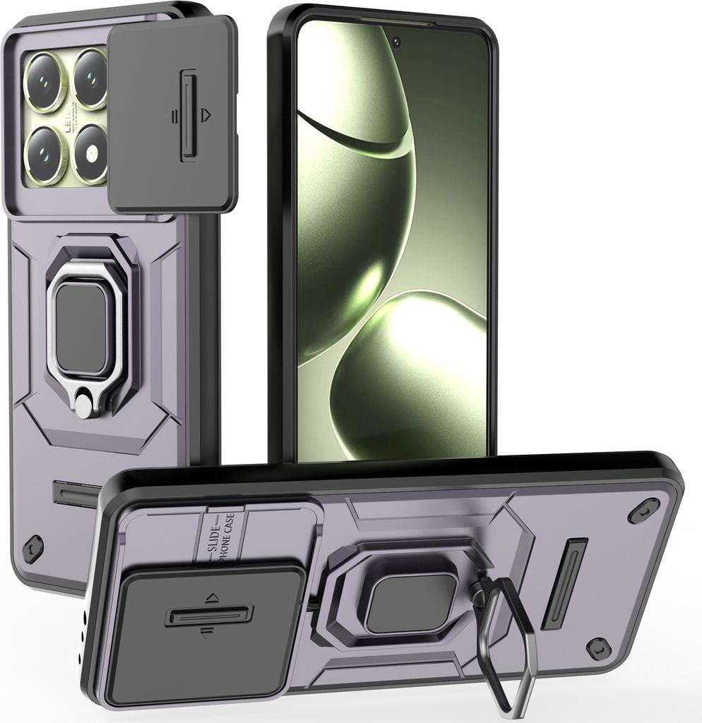 Hülle für Xiaomi 14T Dual Layer Handyhülle Schiebe Kamera Schutz und Ringhalter Ständer Lila