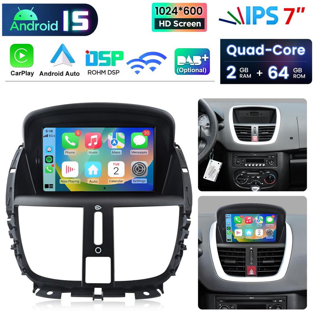 Autoradio da 7" con CarPlay e Android 15 per Peugeot 207 Immagine del prodotto 