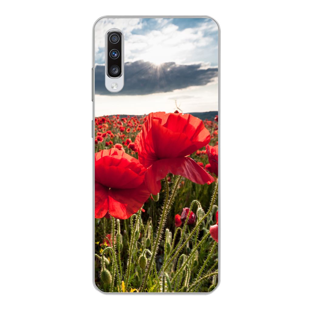 MuchoWow Handyhülle Schutzhülle Hülle für Samsung Galaxy A70 Mohnblumen vor einem dramatischen, stürmischen Himmel Silikon Softcase Handy H...