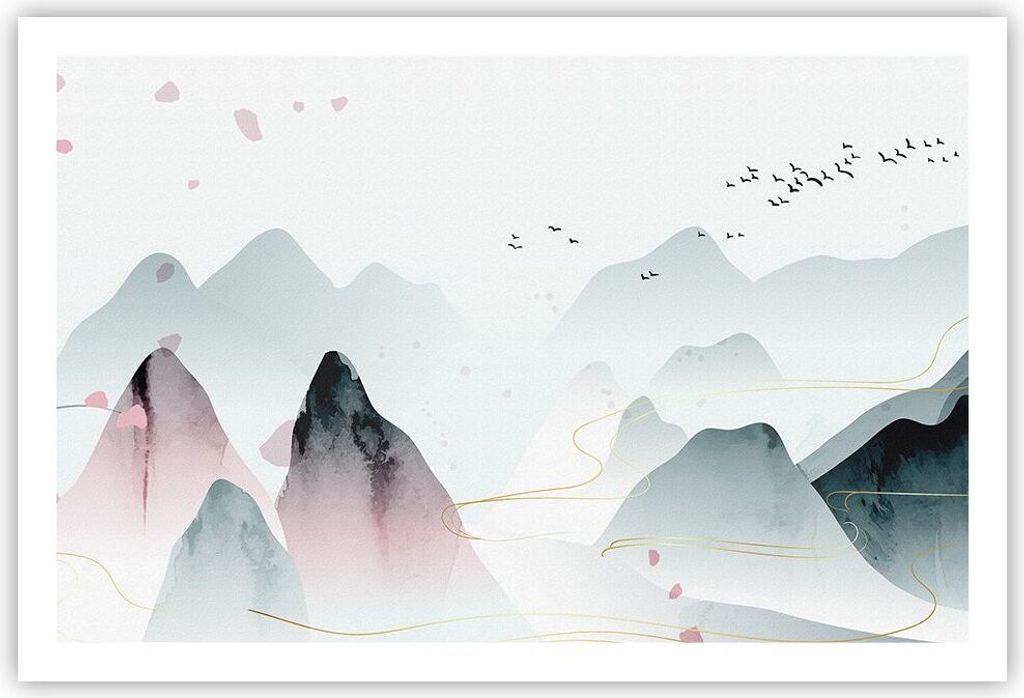 Poster - Poster ohne Rahmen - Berge Vögel Modern - 91,5x61 cm - Wand Bild - Wanddeko - Wandbilder - Kunstposter - Wandposter - Bilder - Kunstdruck...